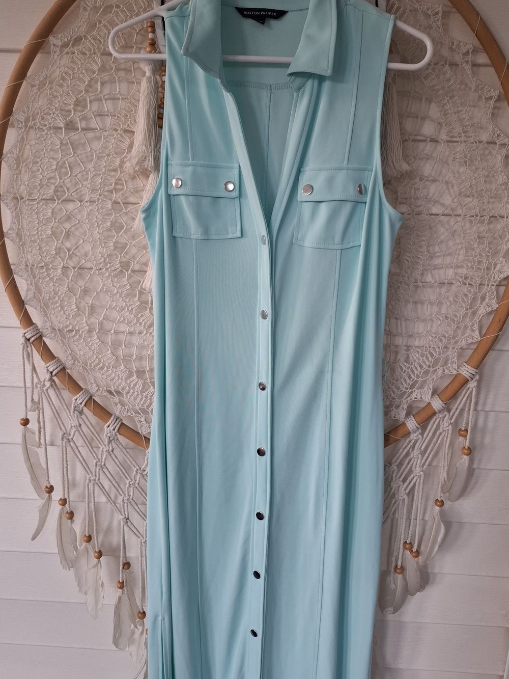 Boston Proper Sleeveless Mint Maxi Shirt Dress with Snap Pockets